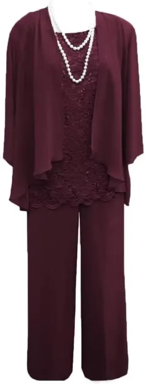 Women's 3 Pieces Mother of The Bride Dress Pant Suits Lace Chiffon Wedding Guest Dress with Jacket