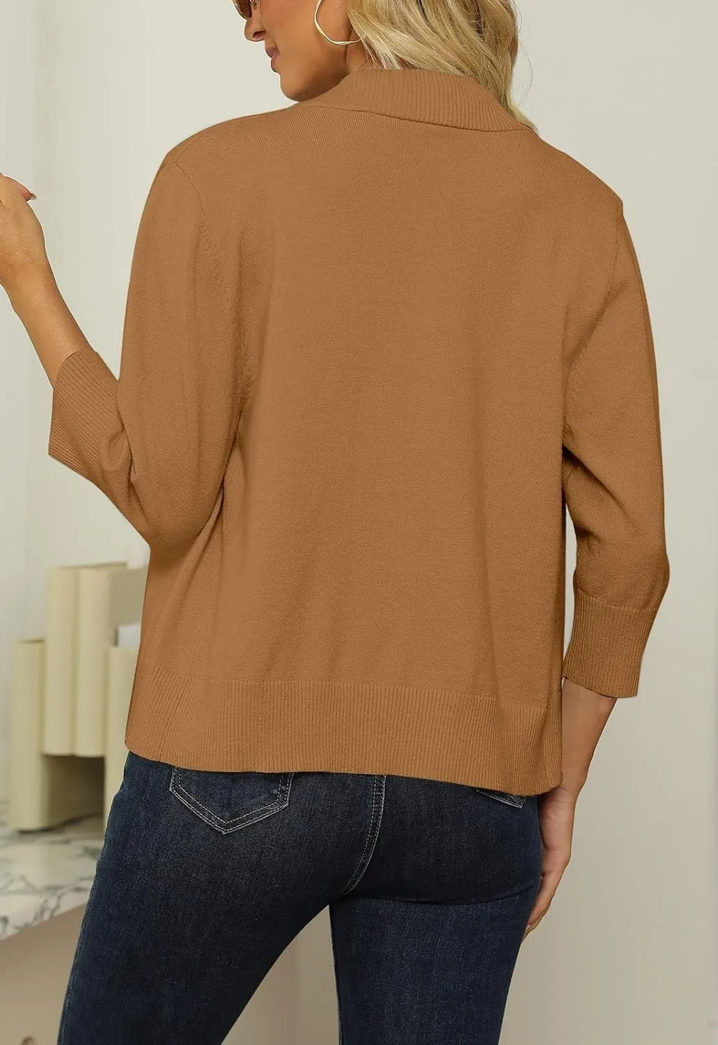 Womens 3/4 Sleeve Cropped Cardigan Sweater Fashion Cardigans Lightweight Knit Sweaters