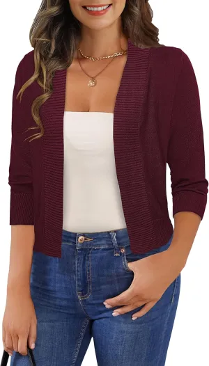 Women's 3/4 Sleeve Cropped Cardigan Sweaters Open Front Bolero Short Shrugs S-XL