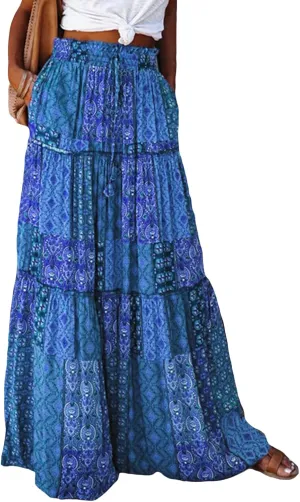 Women's Bohemian Maxi Skirts Vintage Elastic High Waist A-Line Skirts Tiered Boho Long Skirts with Pockets