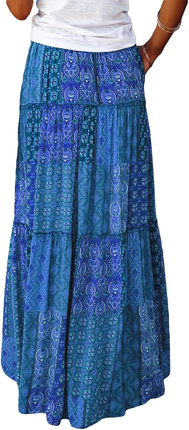 Women's Bohemian Maxi Skirts Vintage Elastic High Waist A-Line Skirts Tiered Boho Long Skirts with Pockets
