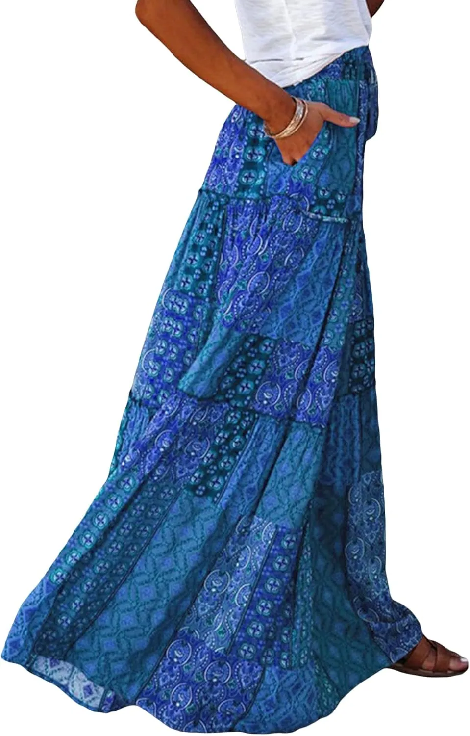 Women's Bohemian Maxi Skirts Vintage Elastic High Waist A-Line Skirts Tiered Boho Long Skirts with Pockets