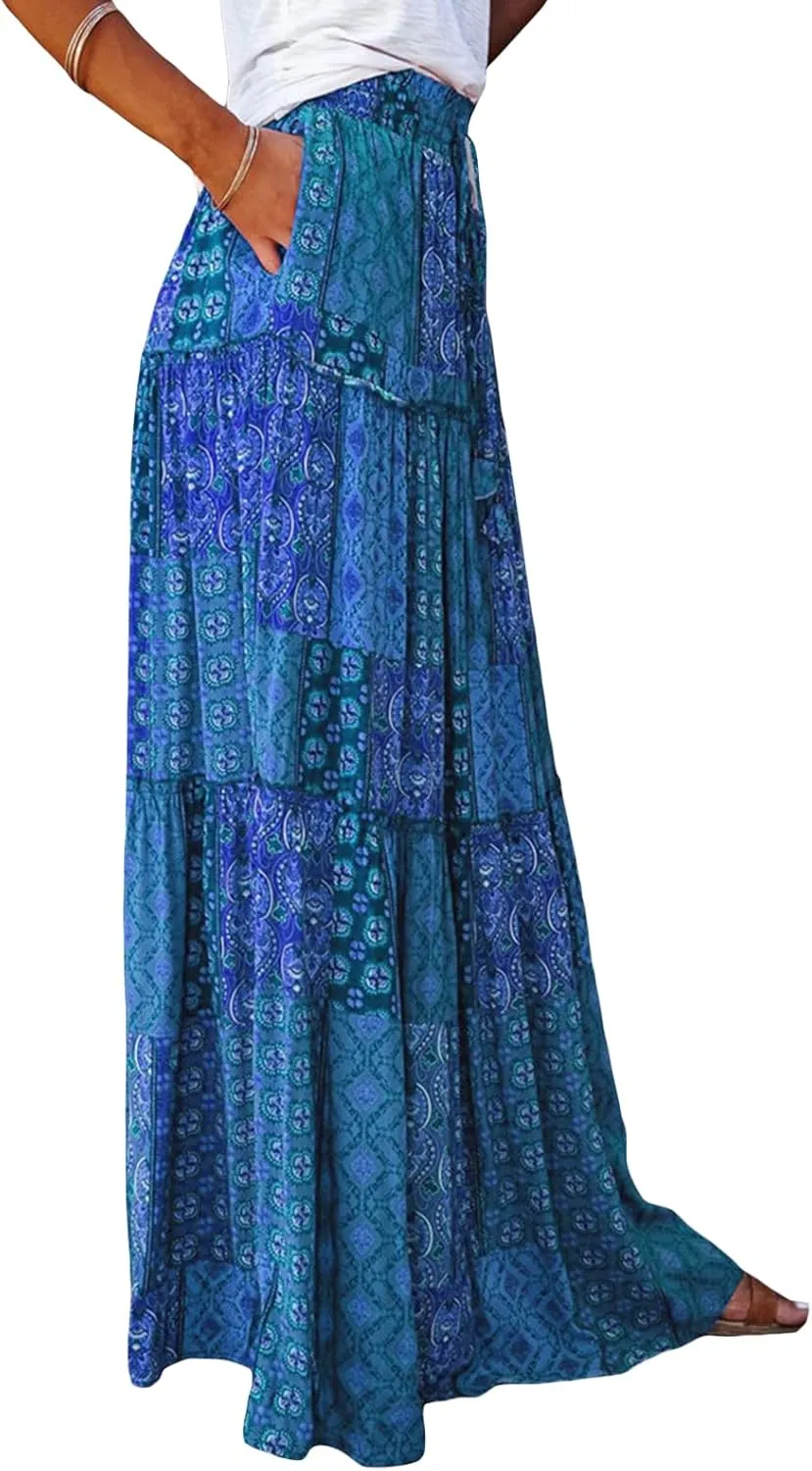 Women's Bohemian Maxi Skirts Vintage Elastic High Waist A-Line Skirts Tiered Boho Long Skirts with Pockets