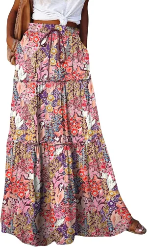 Women's Bohemian Maxi Skirts Vintage Elastic High Waist A-Line Skirts Tiered Boho Long Skirts with Pockets