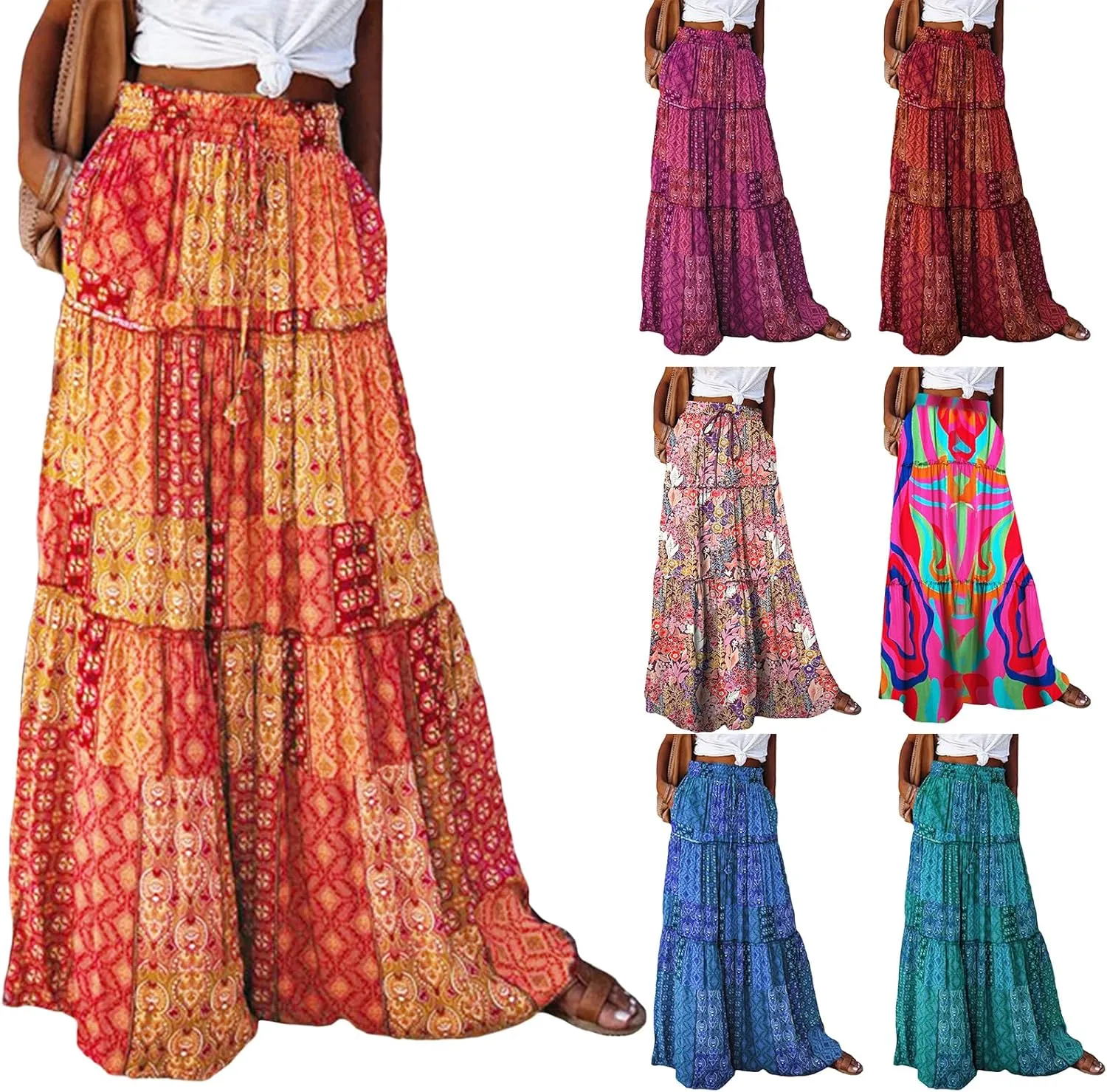 Women's Bohemian Maxi Skirts Vintage Elastic High Waist A-Line Skirts Tiered Boho Long Skirts with Pockets