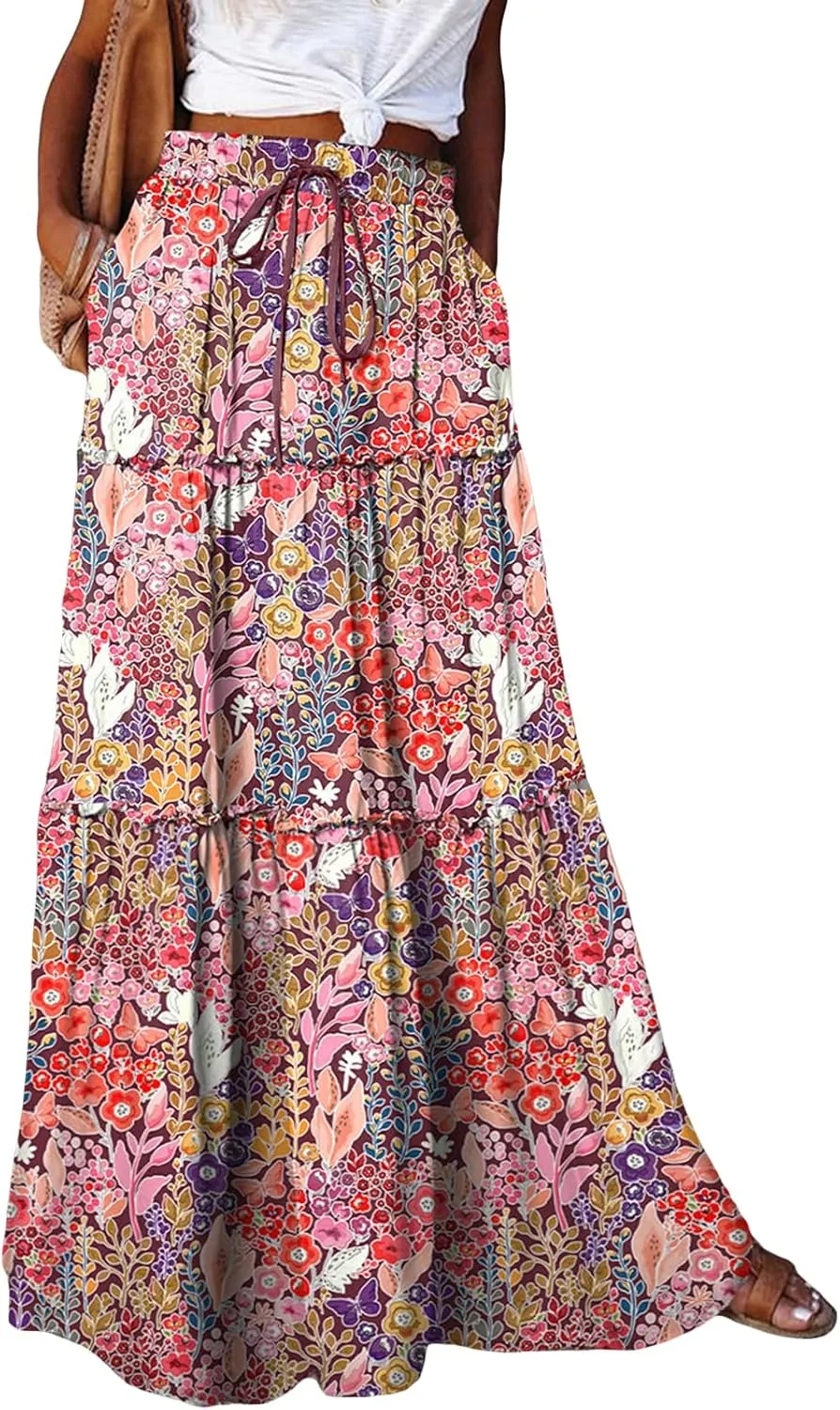 Women's Bohemian Maxi Skirts Vintage Elastic High Waist A-Line Skirts Tiered Boho Long Skirts with Pockets