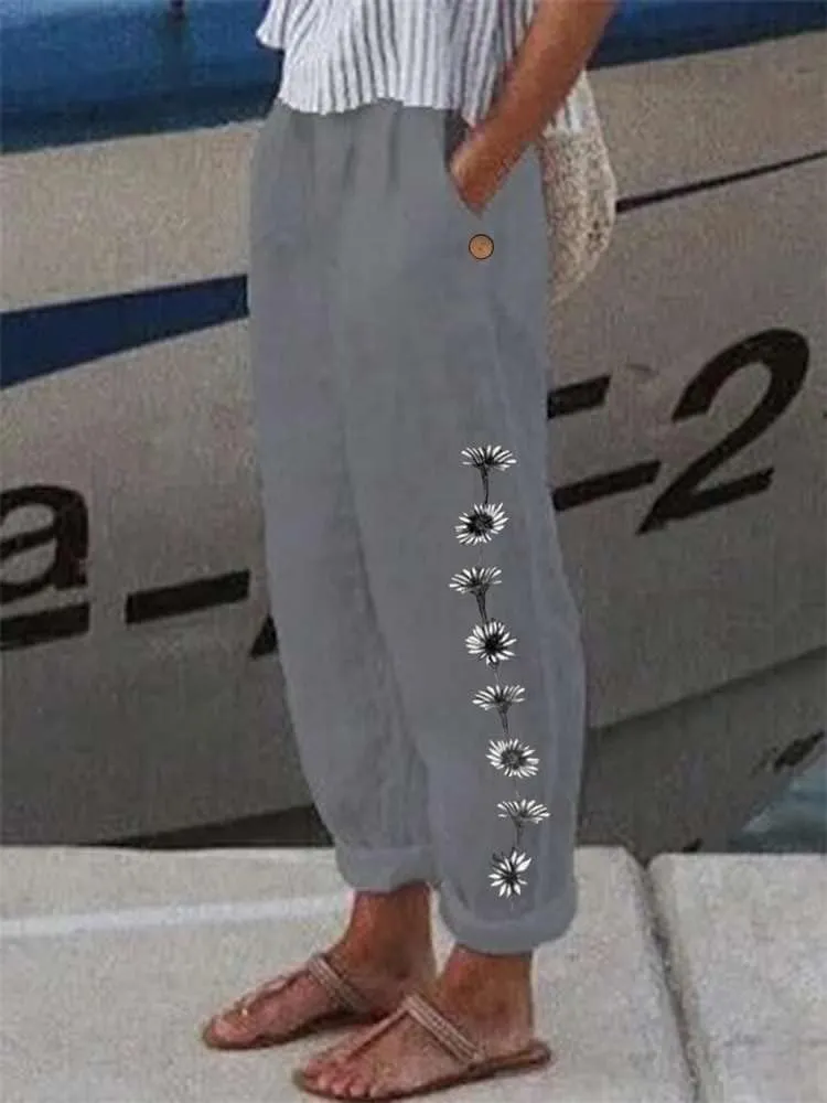 Women's Boho Floral Cotton Linen Casual Pants Summer High Waisted Baggy Beach Trousers with Pockets Plus Size