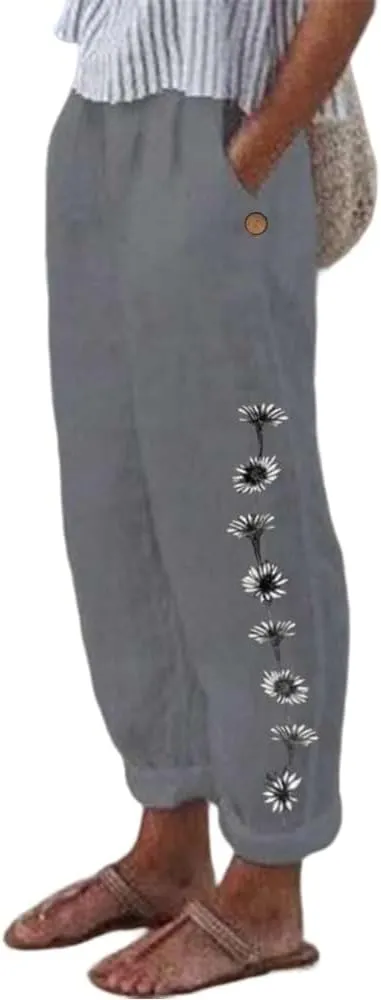 Women's Boho Floral Cotton Linen Casual Pants Summer High Waisted Baggy Beach Trousers with Pockets Plus Size