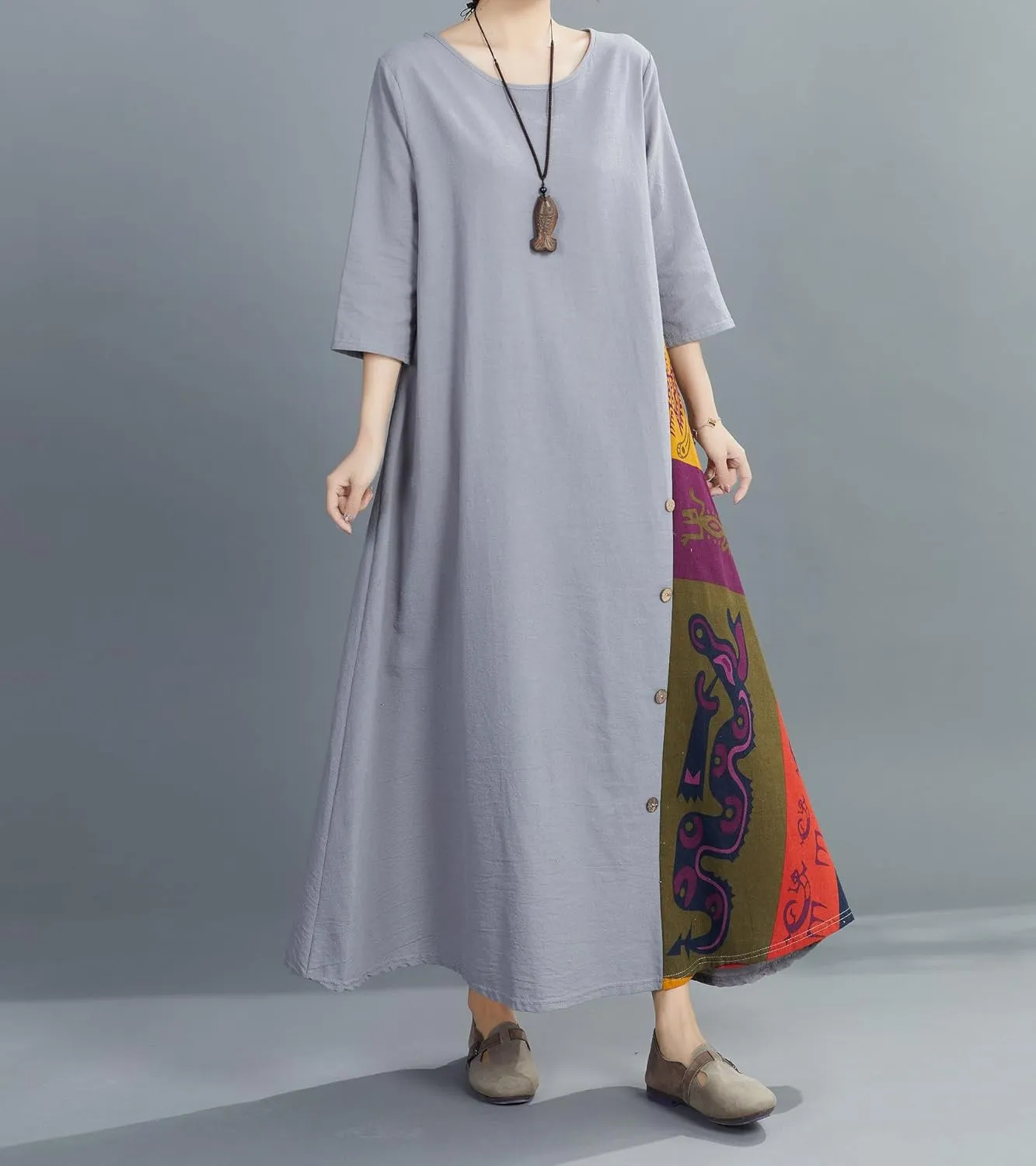 Women's Boho Floral Ethnic Cotton Linen Maxi Dresses 3/4 Sleeve Flowy Loose Casual Long Dress Plus Size