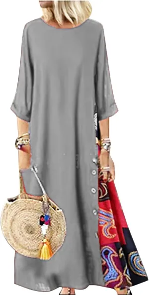 Women's Boho Floral Ethnic Cotton Linen Maxi Dresses 3/4 Sleeve Flowy Loose Casual Long Dress Plus Size