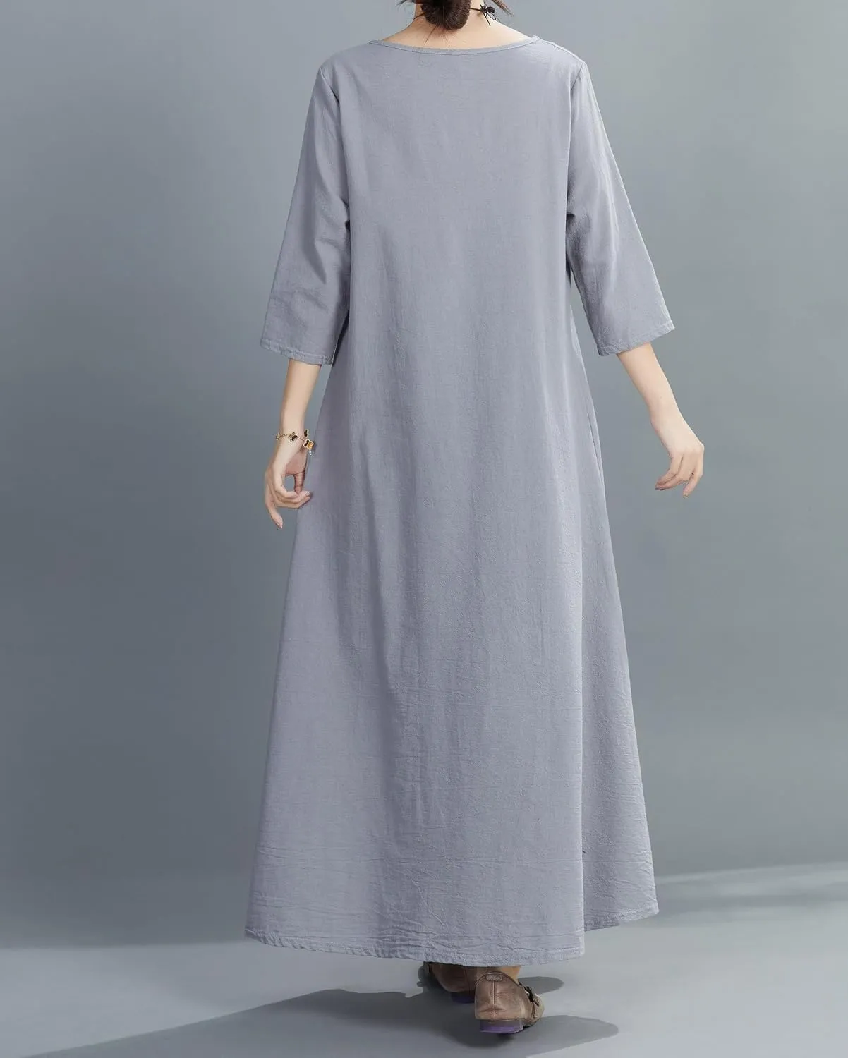 Women's Boho Floral Ethnic Cotton Linen Maxi Dresses 3/4 Sleeve Flowy Loose Casual Long Dress Plus Size