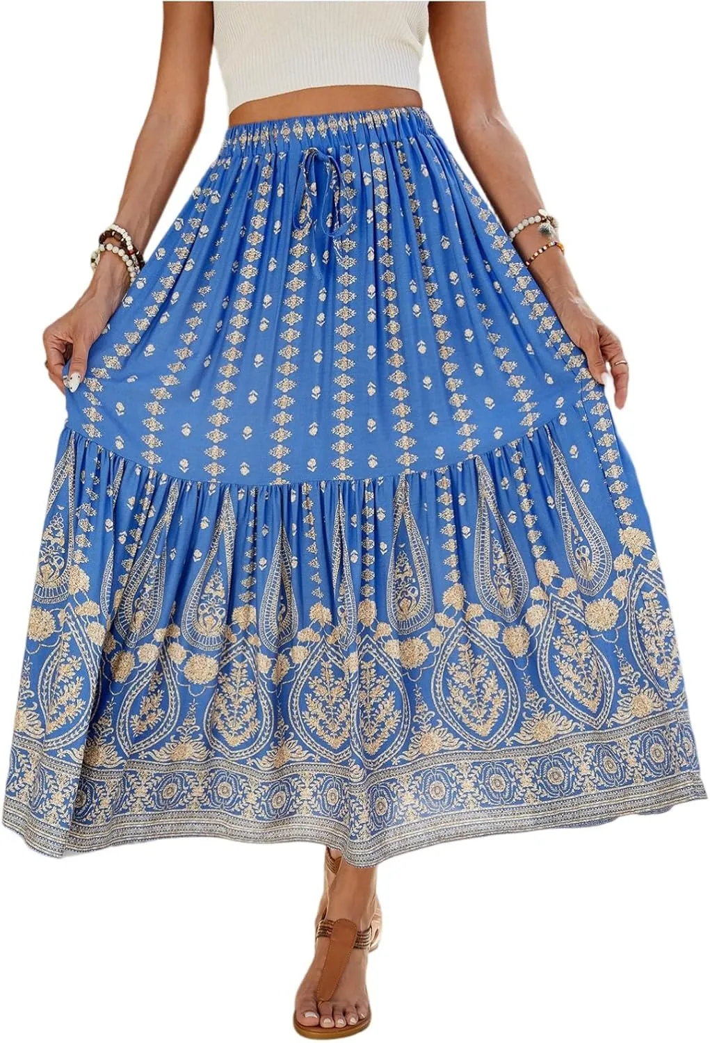Women's Boho Floral Maxi Skirts Flowy High Waist Summer Pleated A Line Long Skirts for Women Beach Vacation Clothes for Women