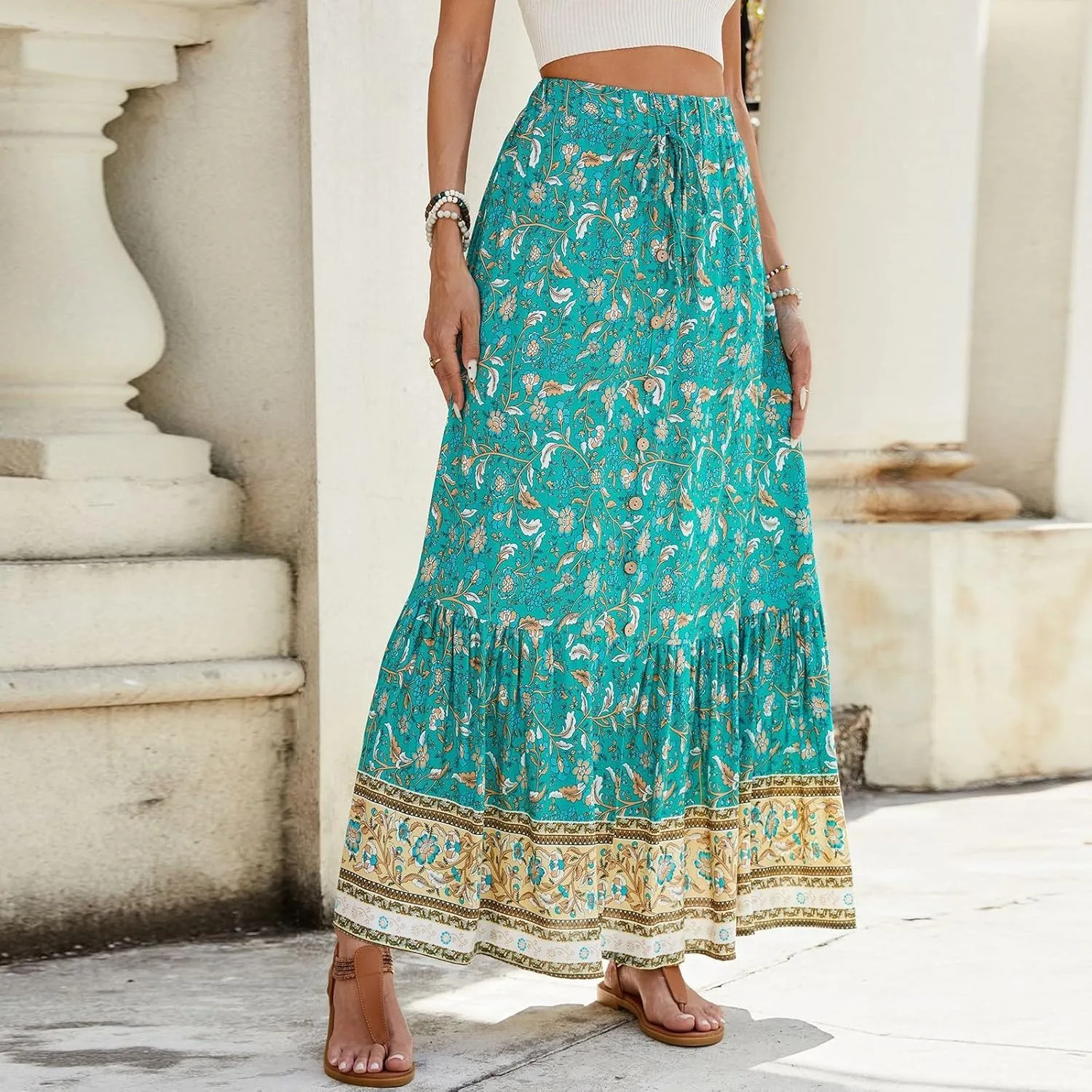 Women's Boho Floral Maxi Skirts Flowy High Waist Summer Pleated A Line Long Skirts for Women Beach Vacation Clothes for Women