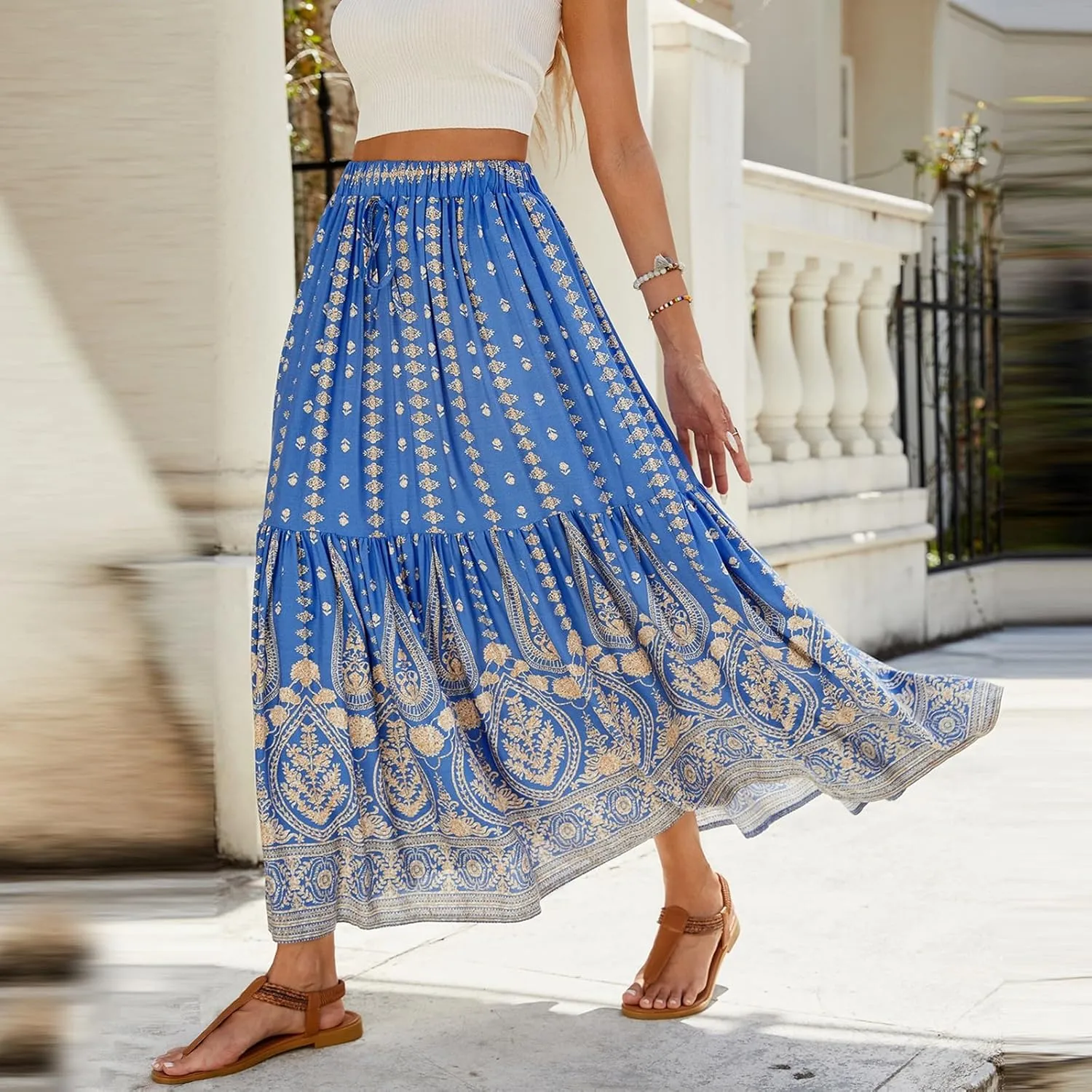 Women's Boho Floral Maxi Skirts Flowy High Waist Summer Pleated A Line Long Skirts for Women Beach Vacation Clothes for Women