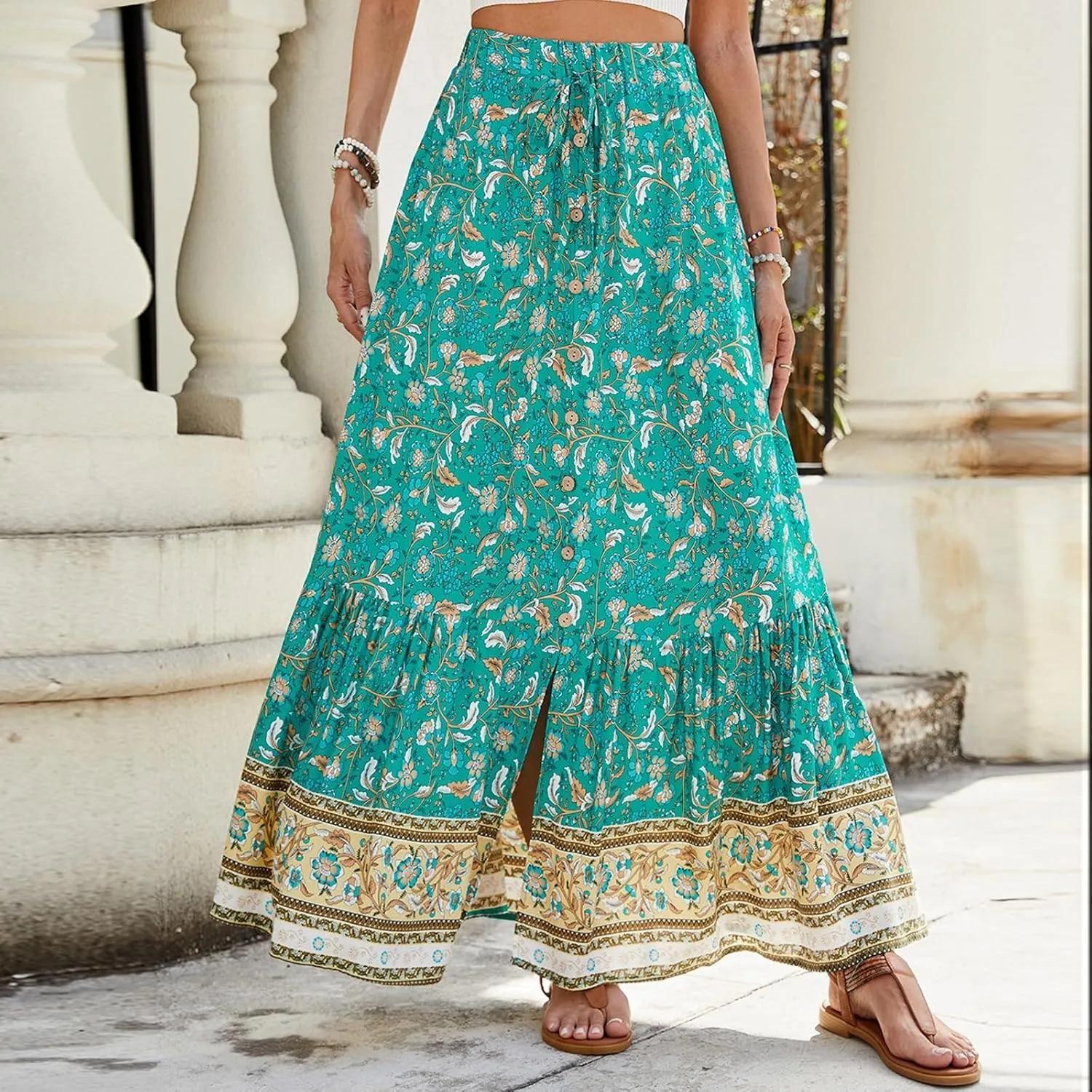 Women's Boho Floral Maxi Skirts Flowy High Waist Summer Pleated A Line Long Skirts for Women Beach Vacation Clothes for Women