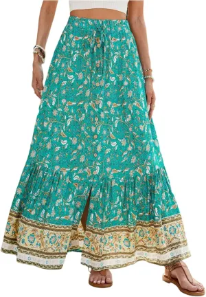 Women's Boho Floral Maxi Skirts Flowy High Waist Summer Pleated A Line Long Skirts for Women Beach Vacation Clothes for Women
