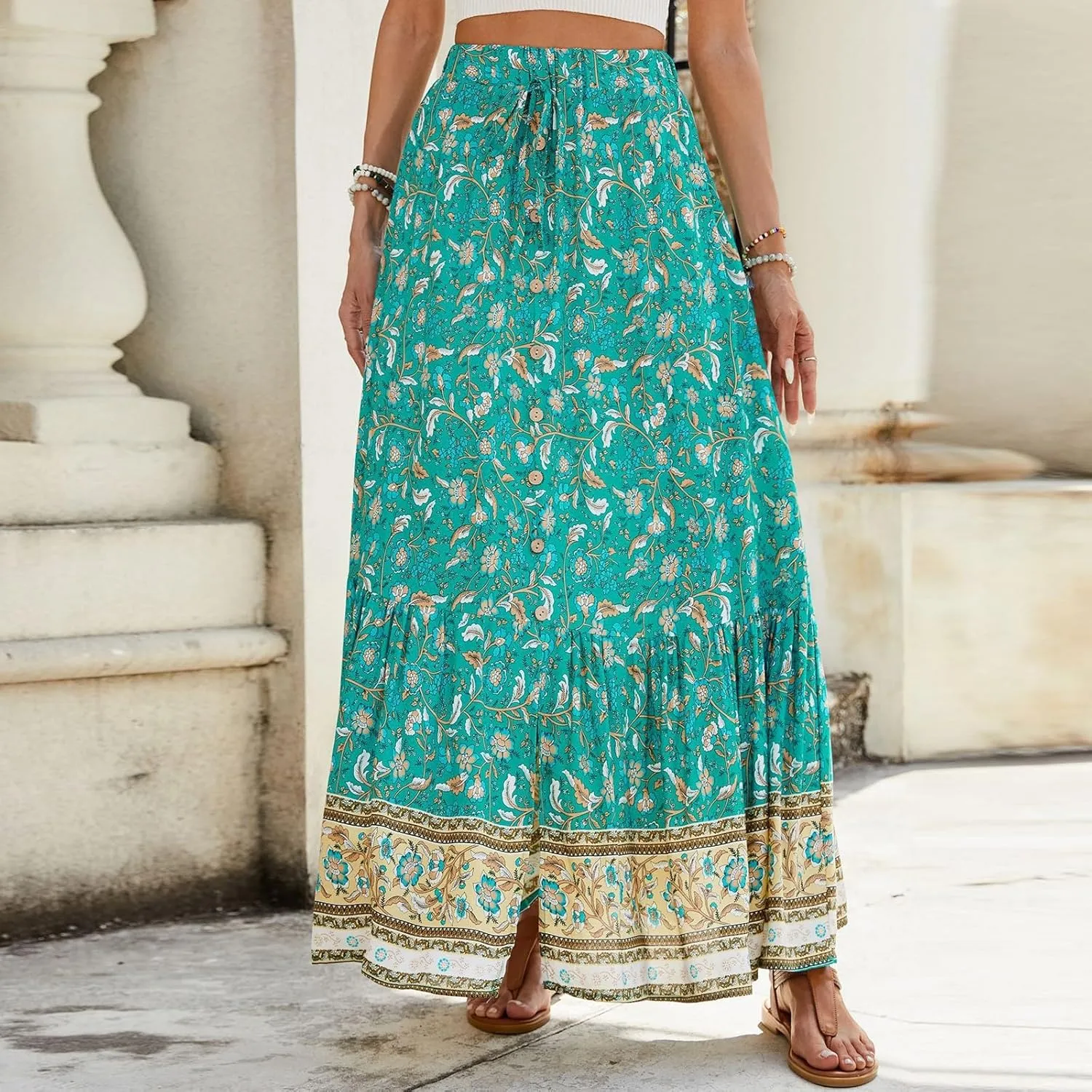 Women's Boho Floral Maxi Skirts Flowy High Waist Summer Pleated A Line Long Skirts for Women Beach Vacation Clothes for Women