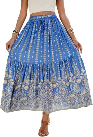 Women's Boho Floral Maxi Skirts Flowy High Waist Summer Pleated A Line Long Skirts for Women Beach Vacation Clothes for Women