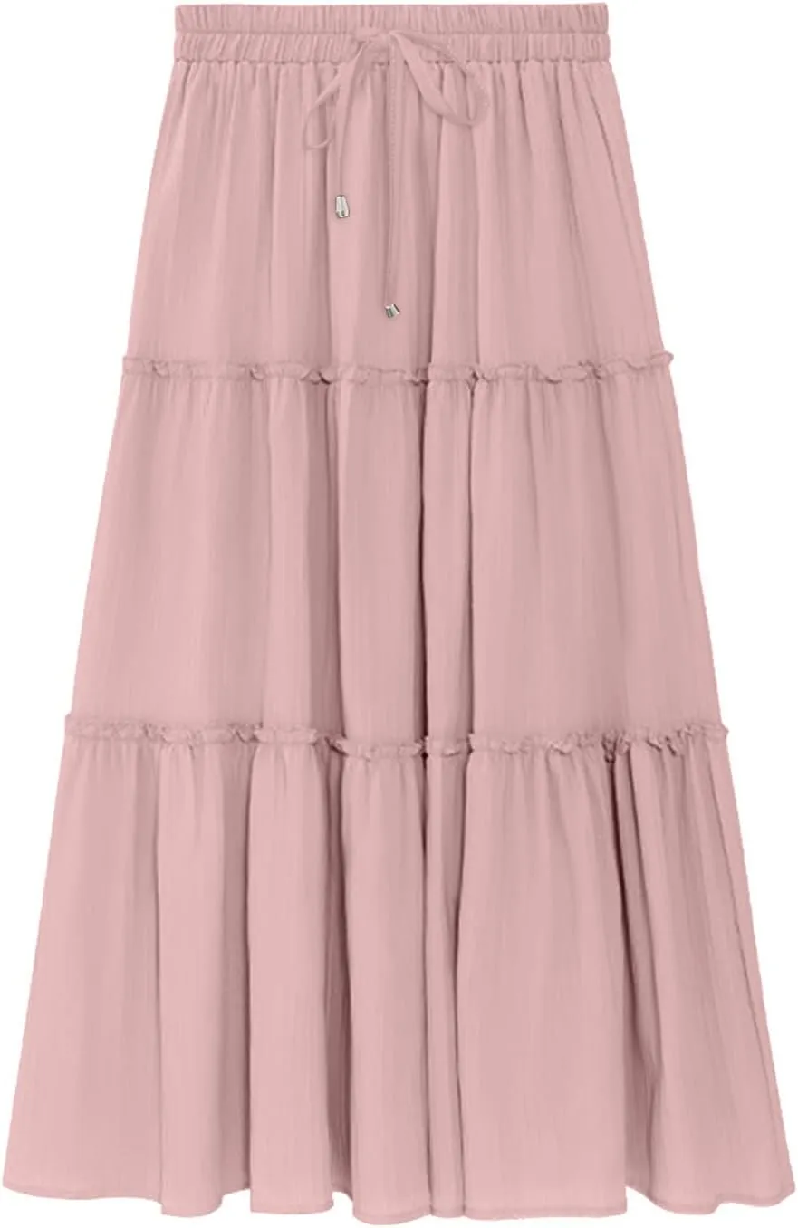 Women's Boho Long Skirts Summer Elastic High Waist A-Line Pleated Flowy Ruffle Hem Swing Beach Holiday Maxi Skirt
