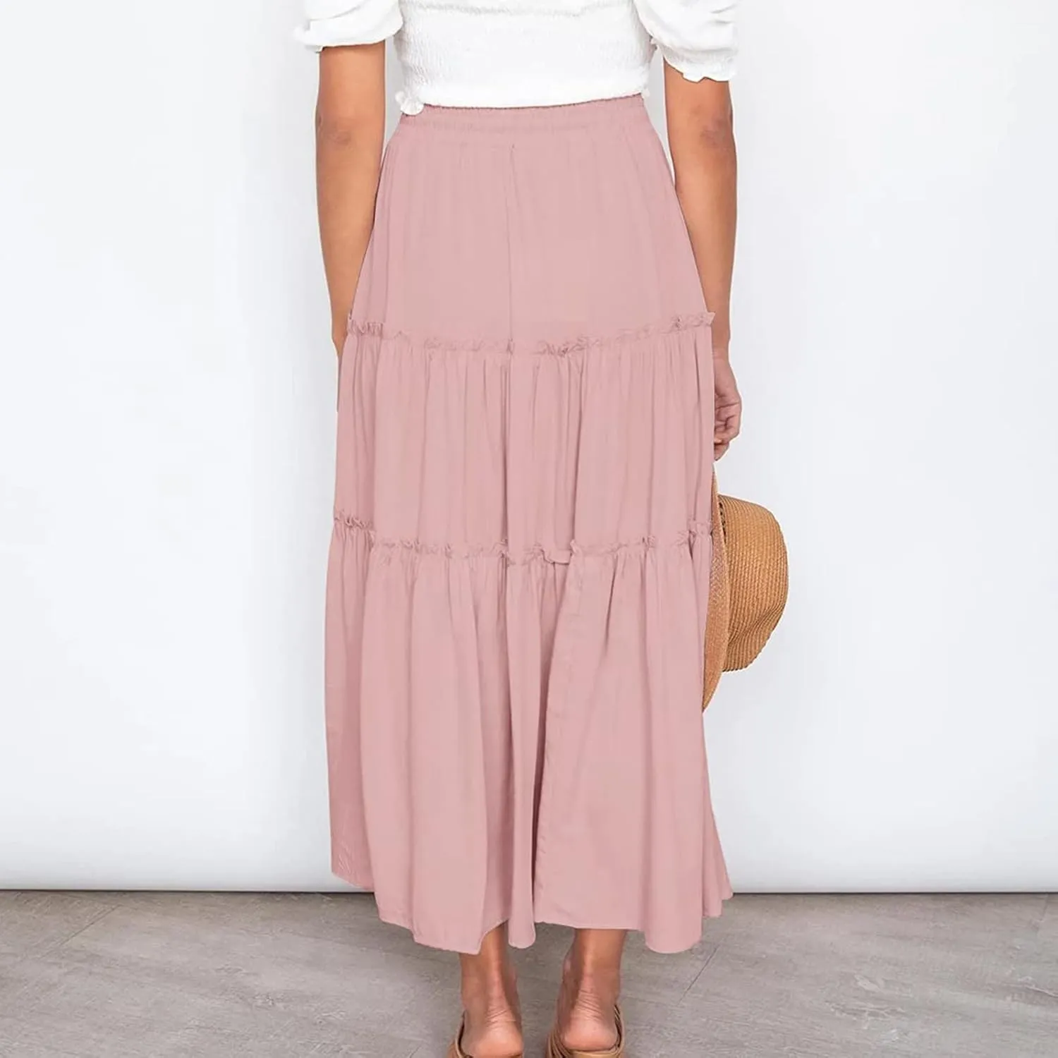 Women's Boho Long Skirts Summer Elastic High Waist A-Line Pleated Flowy Ruffle Hem Swing Beach Holiday Maxi Skirt