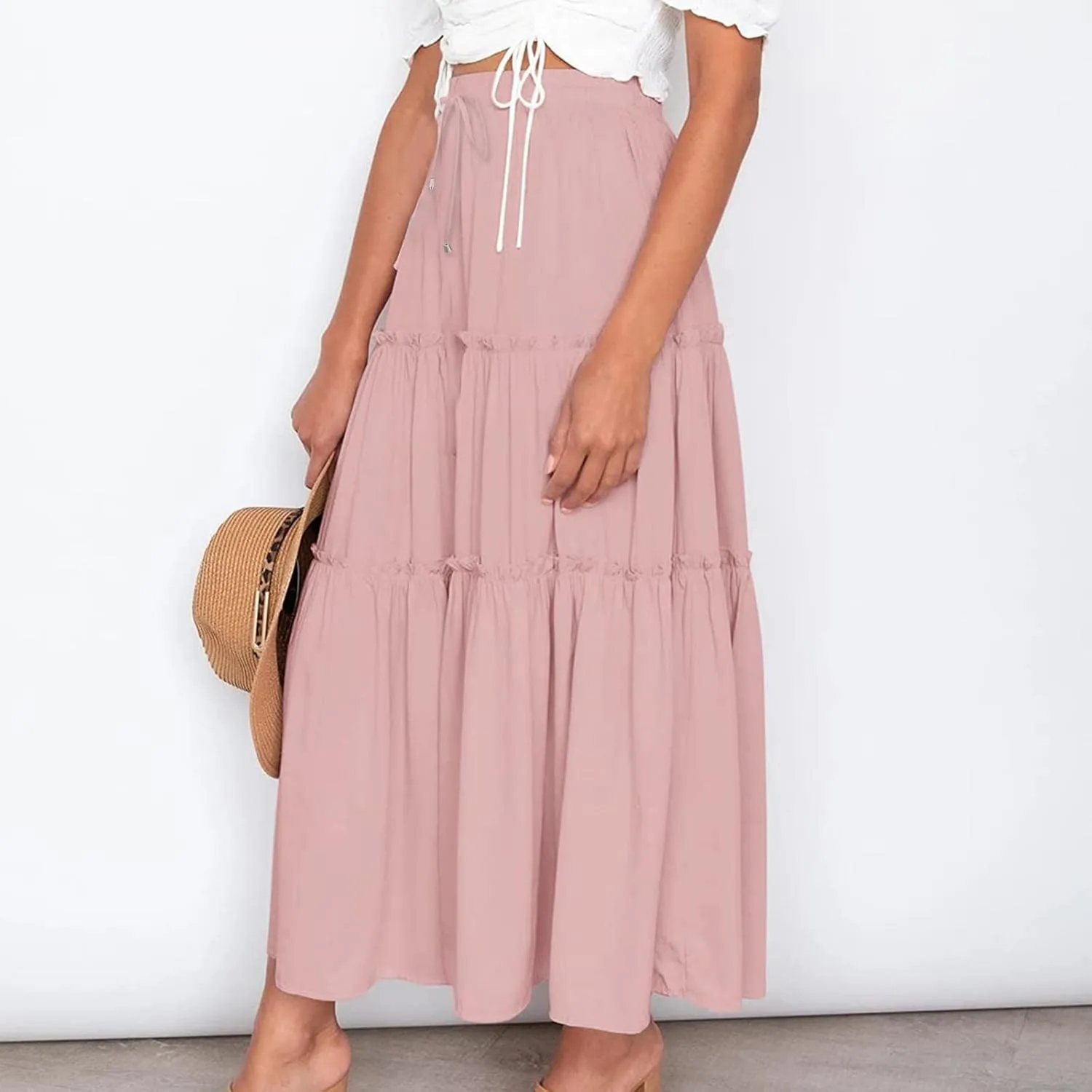 Women's Boho Long Skirts Summer Elastic High Waist A-Line Pleated Flowy Ruffle Hem Swing Beach Holiday Maxi Skirt