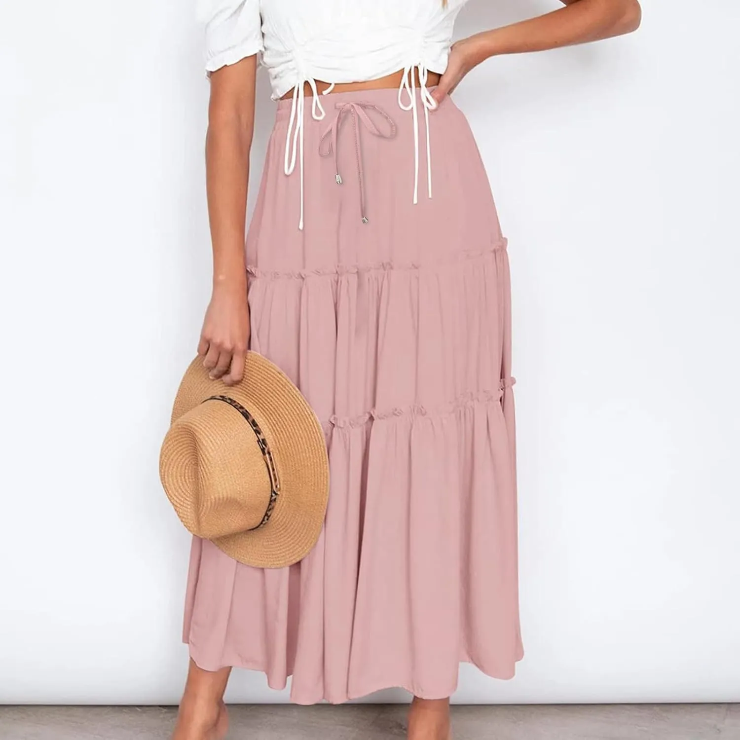 Women's Boho Long Skirts Summer Elastic High Waist A-Line Pleated Flowy Ruffle Hem Swing Beach Holiday Maxi Skirt