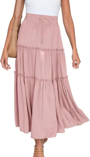 Women's Boho Long Skirts Summer Elastic High Waist A-Line Pleated Flowy Ruffle Hem Swing Beach Holiday Maxi Skirt