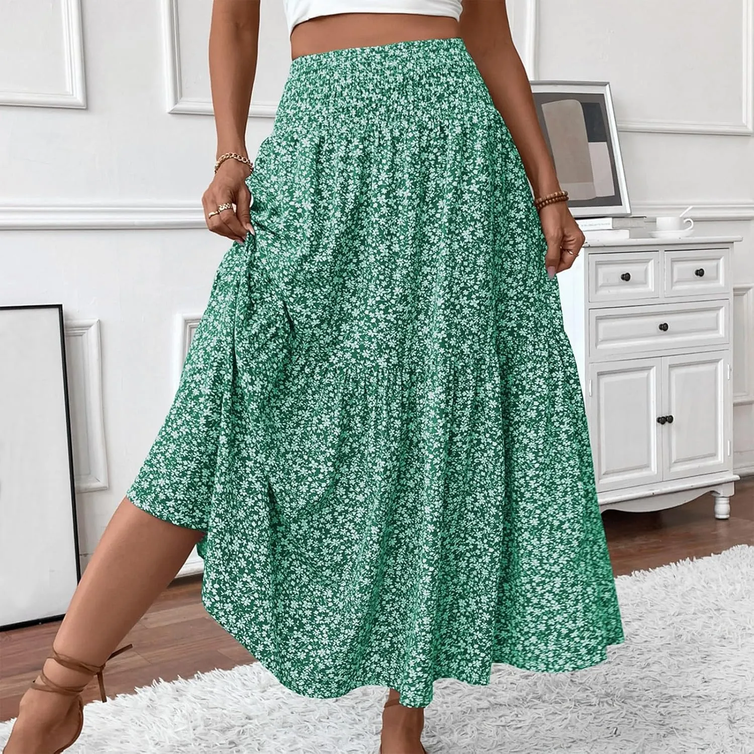 Women's Boho Skirts Summer Casual Loose Trendy Elastic Waist Floral Printed Bohemian Flowy A-Line Skirt 2025, S-XL