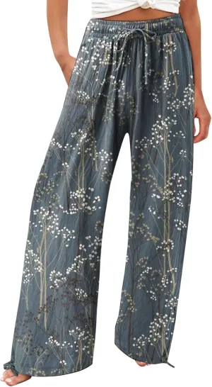 Women's Boho Tropical Print Wide Leg Pants Womens Cotton Casual Loose Pants Comfy Work Pants with Pockets Elastic