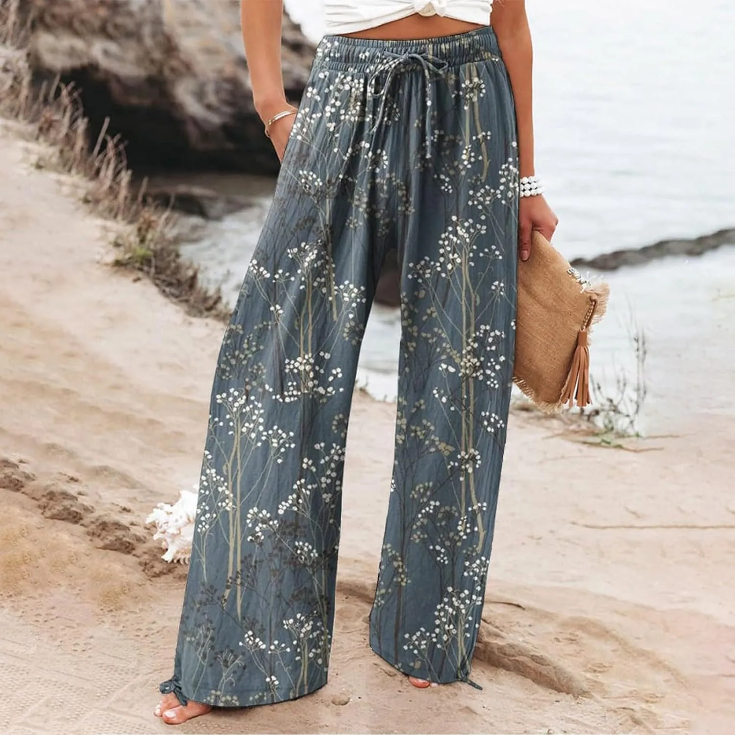 Women's Boho Tropical Print Wide Leg Pants Womens Cotton Casual Loose Pants Comfy Work Pants with Pockets Elastic