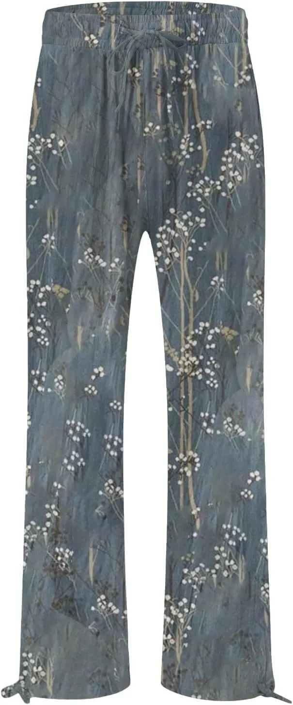 Women's Boho Tropical Print Wide Leg Pants Womens Cotton Casual Loose Pants Comfy Work Pants with Pockets Elastic
