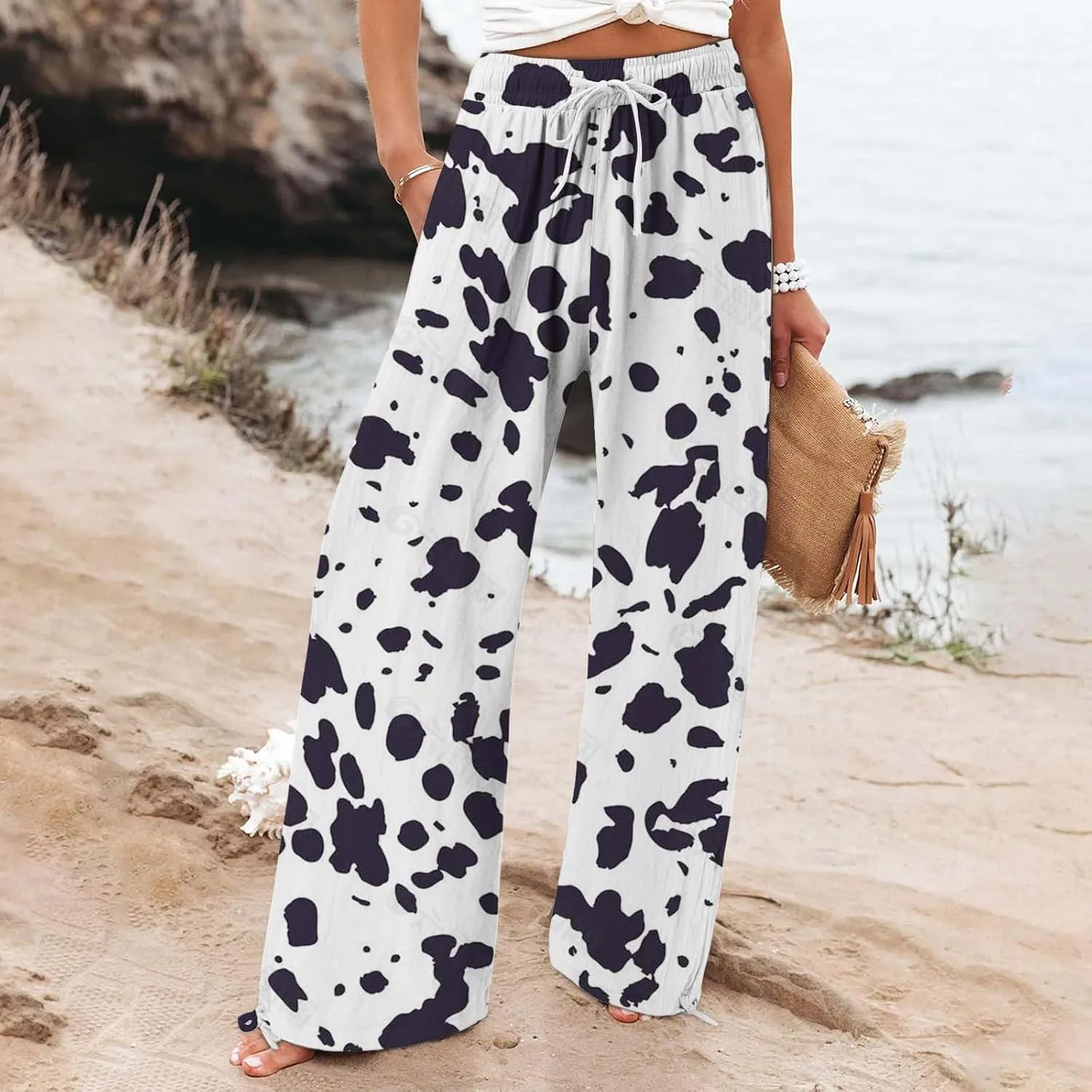 Women's Boho Wide Leg Palazzo Pants Womens Cotton Casual Loose Pants Comfy Work Pants with Long Casual Wide Leg
