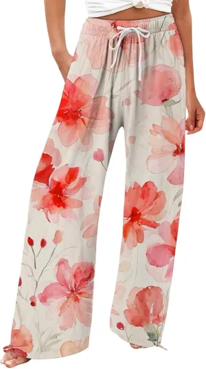 Women's Boho Wide Leg Palazzo Pants Womens Cotton Casual Loose Pants Comfy Work Pants with Long Casual Wide Leg