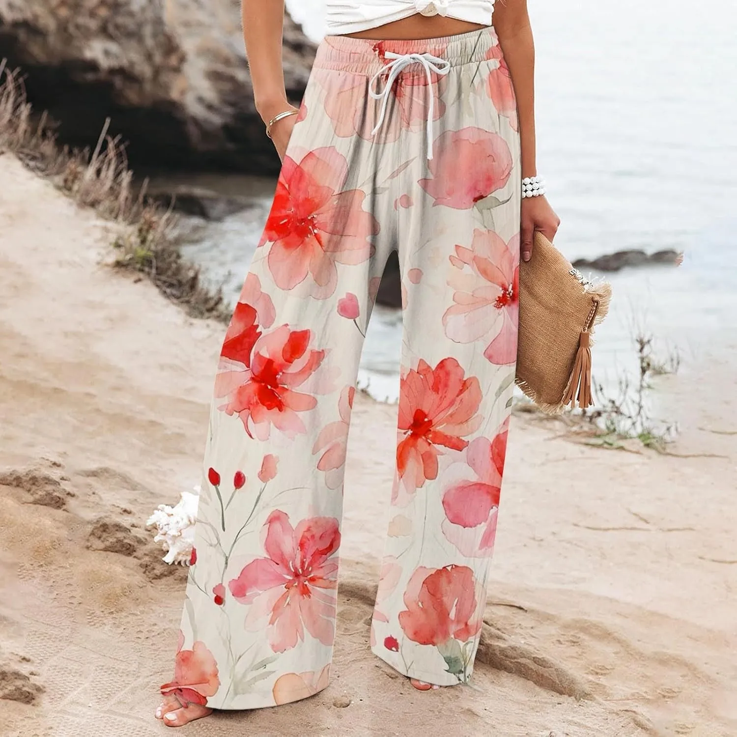 Women's Boho Wide Leg Palazzo Pants Womens Cotton Casual Loose Pants Comfy Work Pants with Long Casual Wide Leg