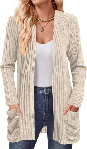 Women's Cardigan Lightweight Long Sleeve Open Front Cardigans with Pockets (Apricot, XL)