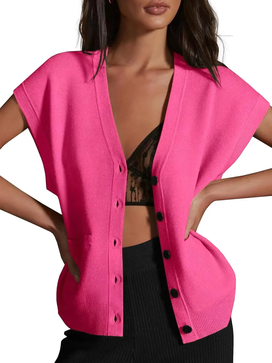 Womens Cardigan Sweater Vest Lightweight V Neck Button Down Cap Sleeve Knit Tops Loose Sleeveless 2025 Spring Outfits