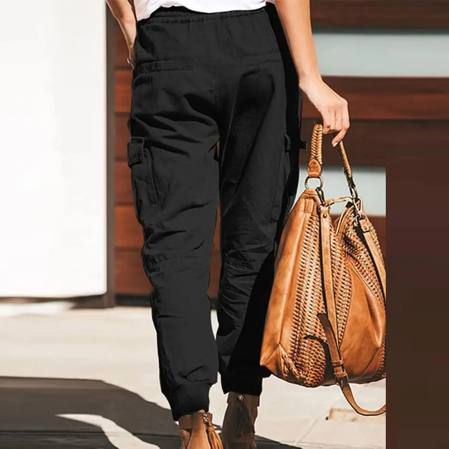 Women's Cargo Pants Tapered Leg Joggers Drawstring High Waist Pants Cotton Casual Hiking Trousers with Pockets
