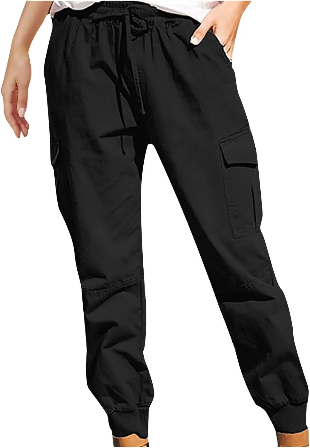 Women's Cargo Pants Tapered Leg Joggers Drawstring High Waist Pants Cotton Casual Hiking Trousers with Pockets