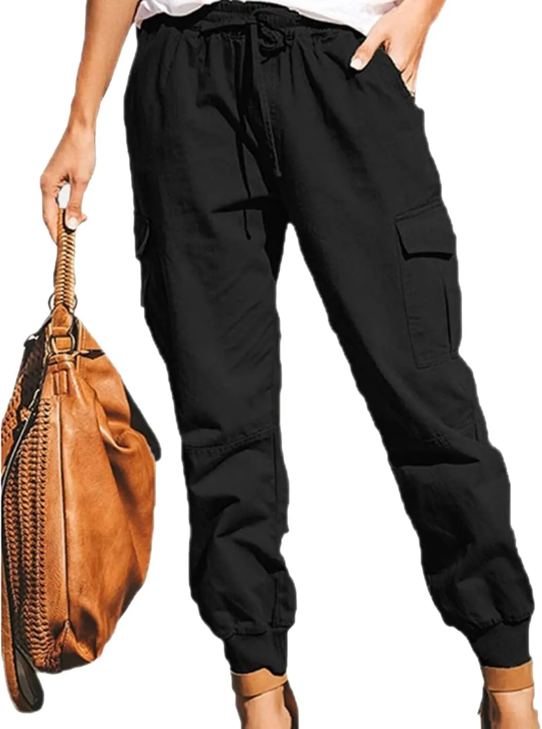 Women's Cargo Pants Tapered Leg Joggers Drawstring High Waist Pants Cotton Casual Hiking Trousers with Pockets