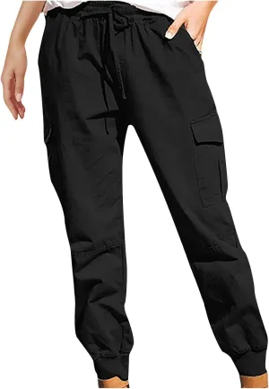Women's Cargo Pants Tapered Leg Joggers Drawstring High Waist Pants Cotton Casual Hiking Trousers with Pockets