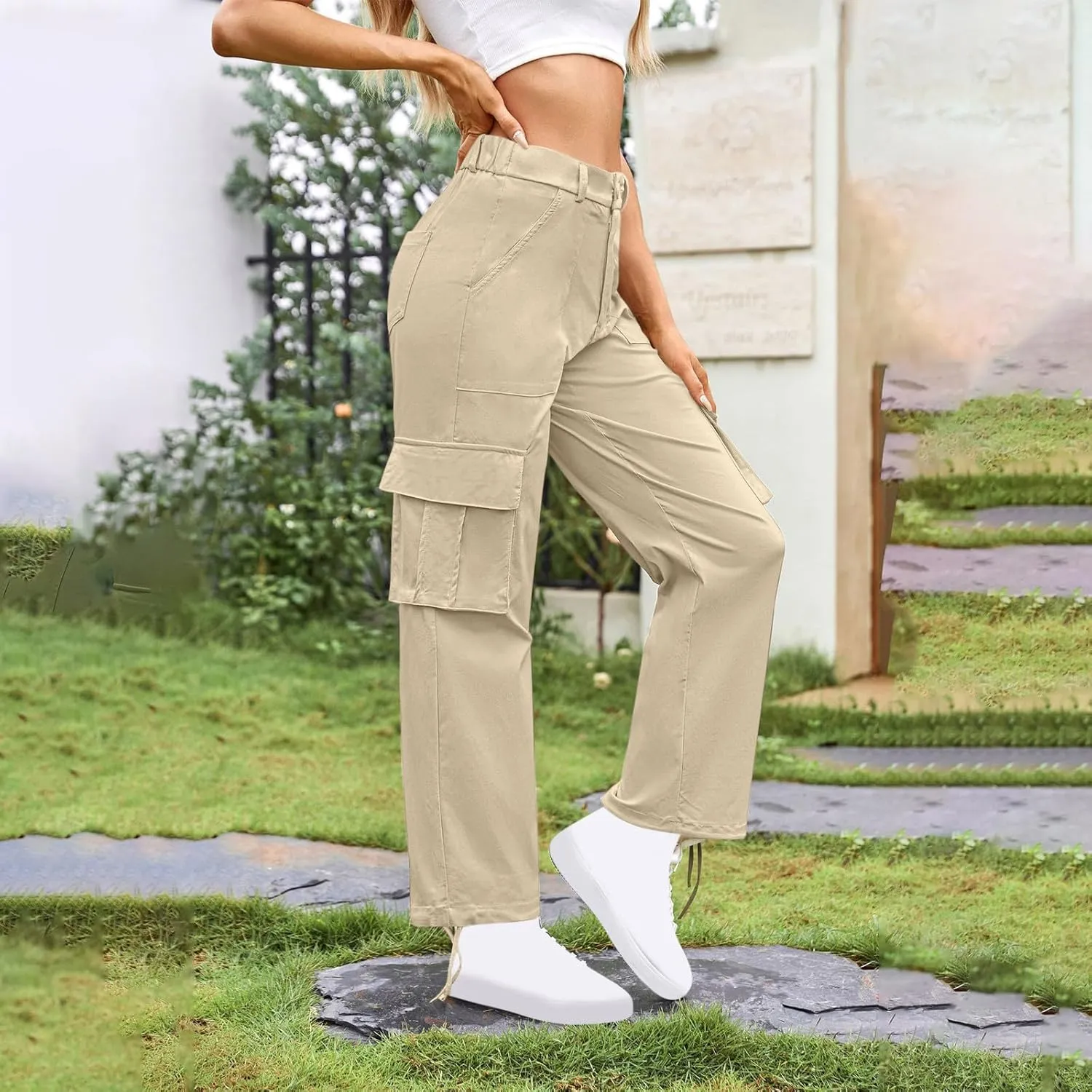 Womens Cargo Pants Wide Leg Bohemian Style Linen Blend Summer Beach Casual Pants