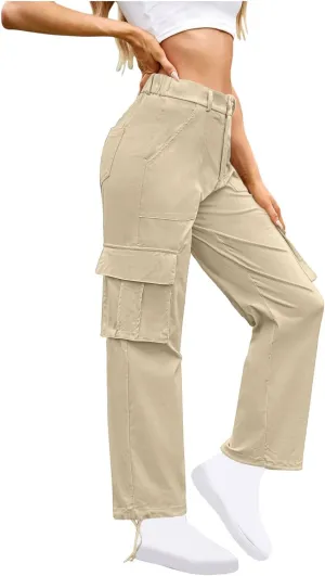 Womens Cargo Pants Wide Leg Bohemian Style Linen Blend Summer Beach Casual Pants