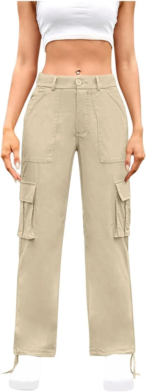 Womens Cargo Pants Wide Leg Bohemian Style Linen Blend Summer Beach Casual Pants