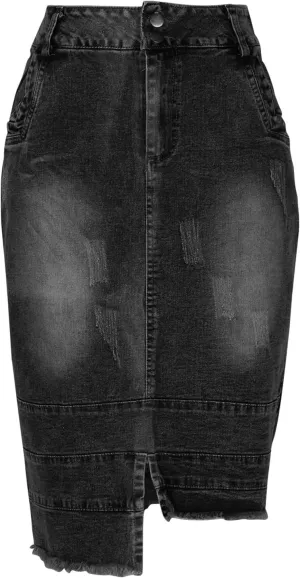 Women's Casual Asymmetrical Jeans Skirt Fashion Irregular Hem High Waist Washed Bodycon Denim Midi Skirt with Pocket