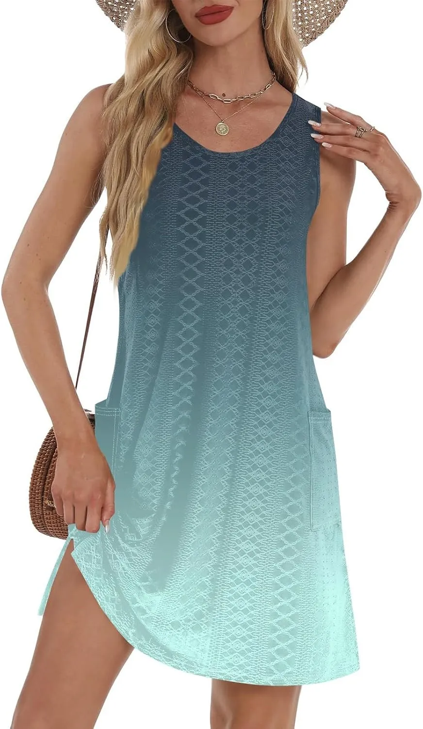 Women's Casual Dress Crew Neck Sleeveless Gradient Loose Pocket Summer Dresses 2025 Mini Short Dresses, S-3XL
