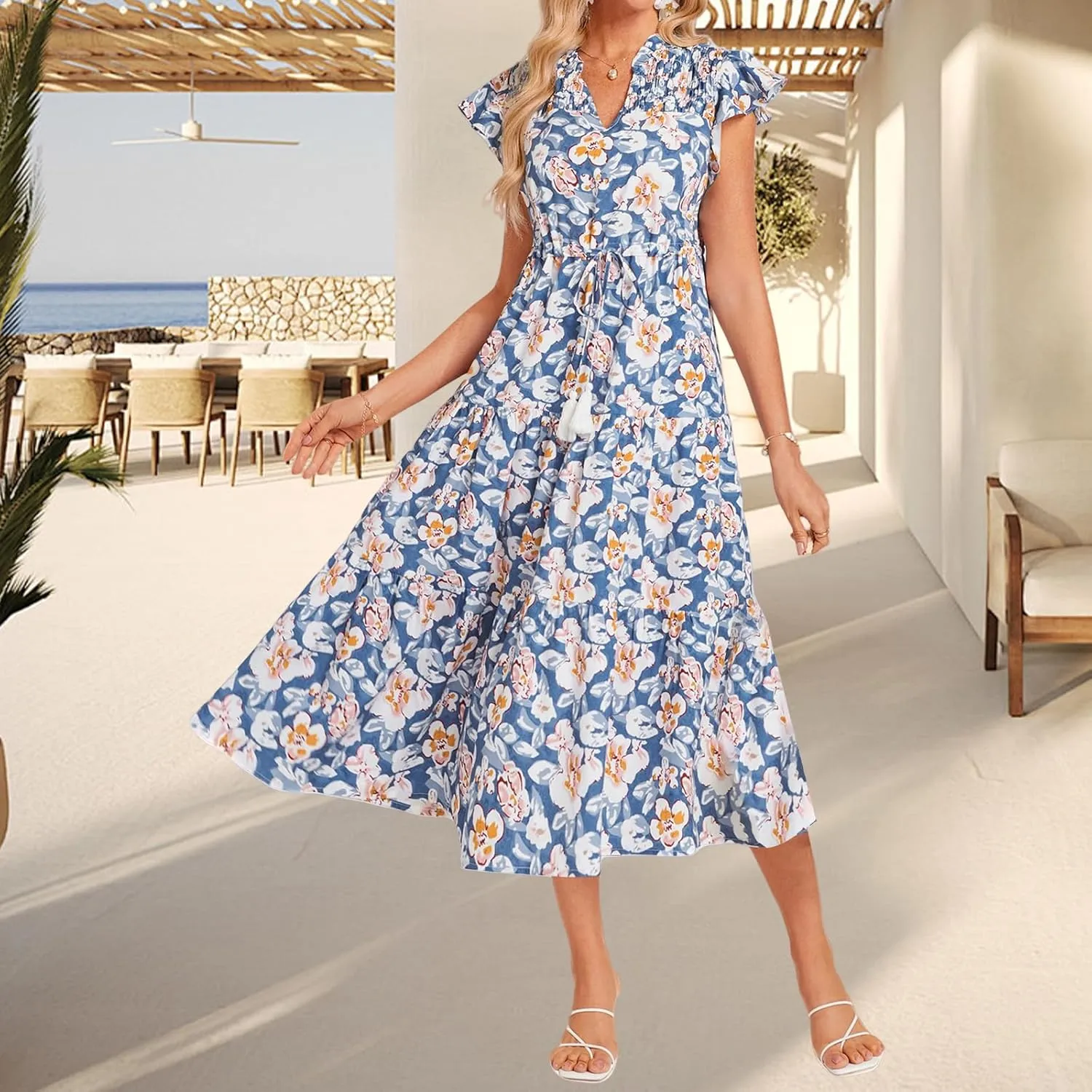 Womens Casual Dresses Boho Floral V Neck Ruffle Short Sleeve Maxi Dress Smocked Dress Beach Vacation Sundress