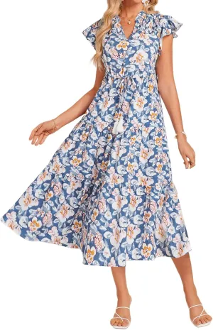 Womens Casual Dresses Boho Floral V Neck Ruffle Short Sleeve Maxi Dress Smocked Dress Beach Vacation Sundress