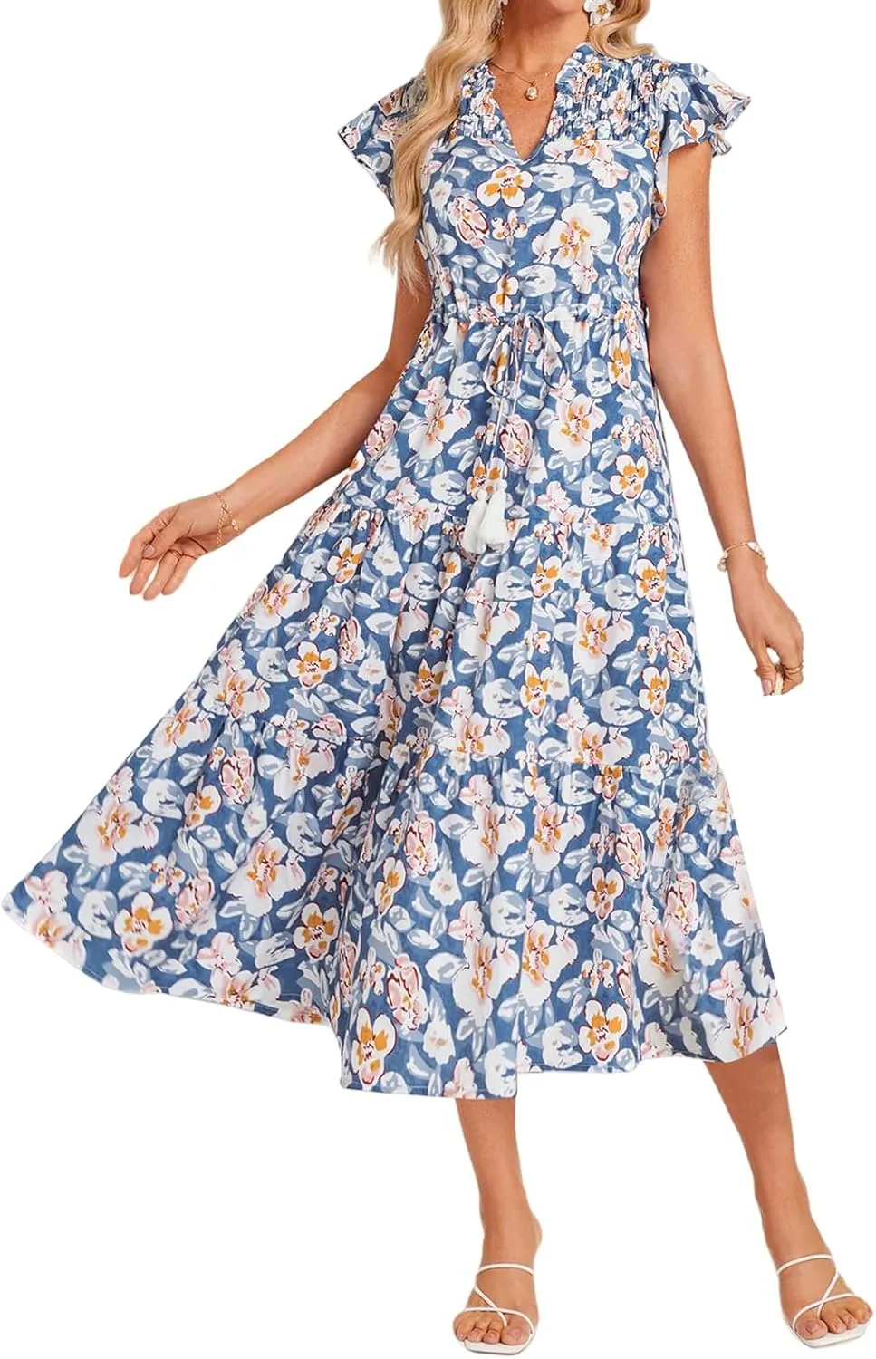 Womens Casual Dresses Boho Floral V Neck Ruffle Short Sleeve Maxi Dress Smocked Dress Beach Vacation Sundress