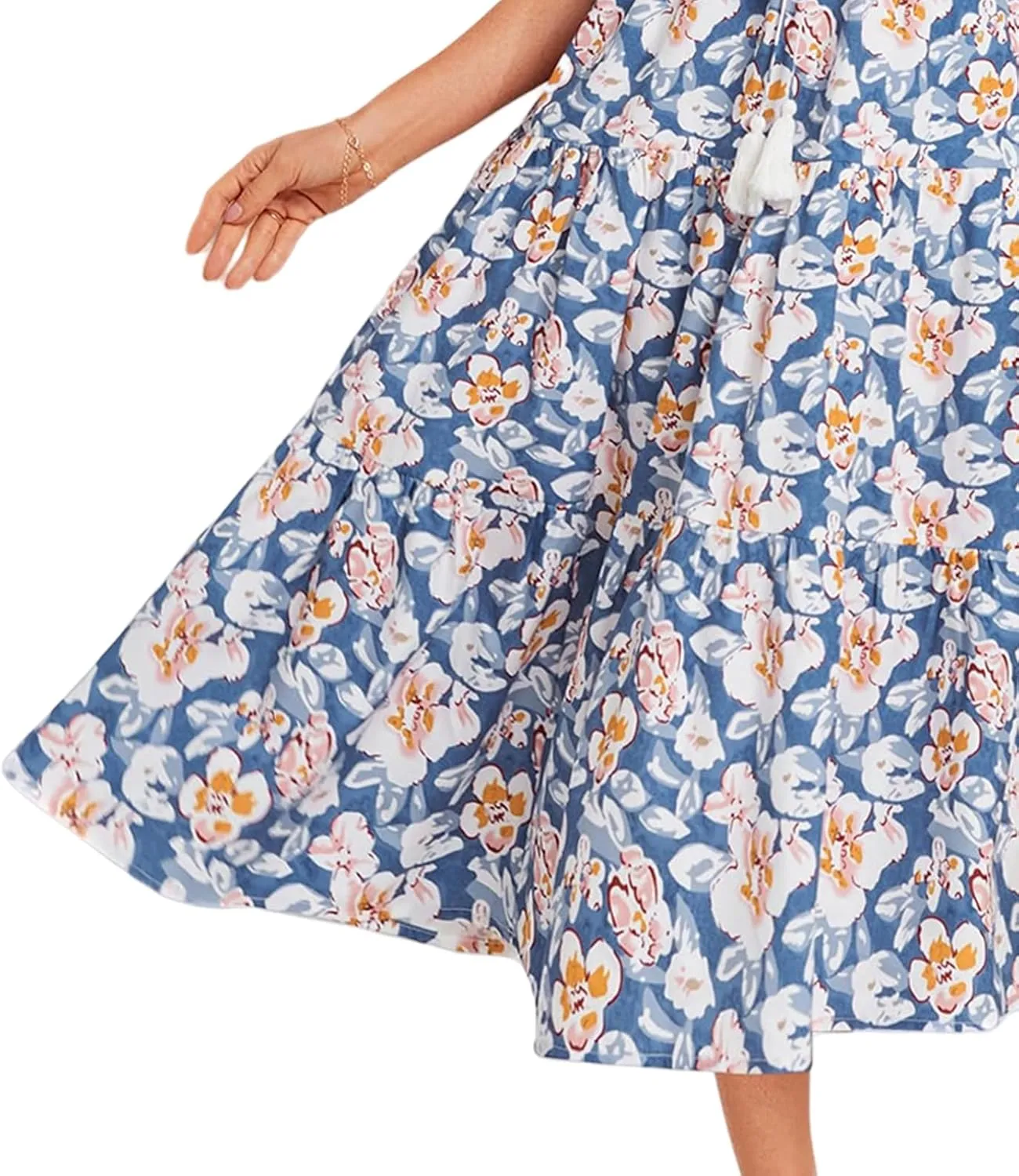 Womens Casual Dresses Boho Floral V Neck Ruffle Short Sleeve Maxi Dress Smocked Dress Beach Vacation Sundress