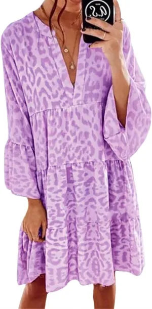 Womens Casual Dresses Print Puff Long Sleeve V Neck Ruffle A Line Dress Bohemian Flowy Summer Beach Sundress